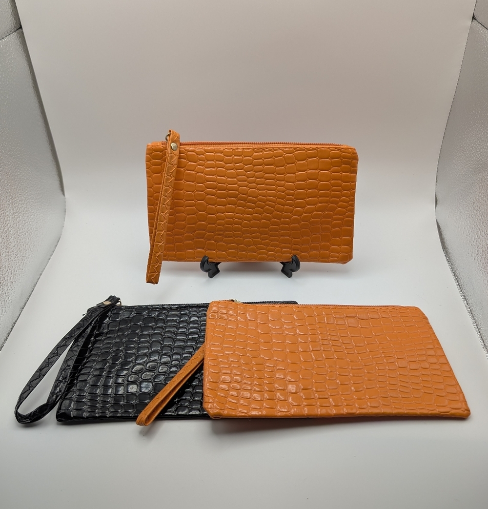 3 Pouches Make-up Bags Travel Orange & Black Brand New Croc Embossed